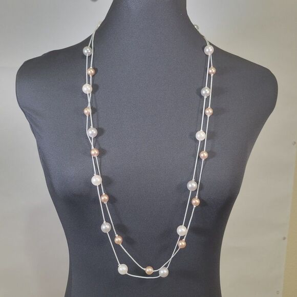 Double strand long faux neutral pearls costume necklace NWOT - Picture 1 of 7